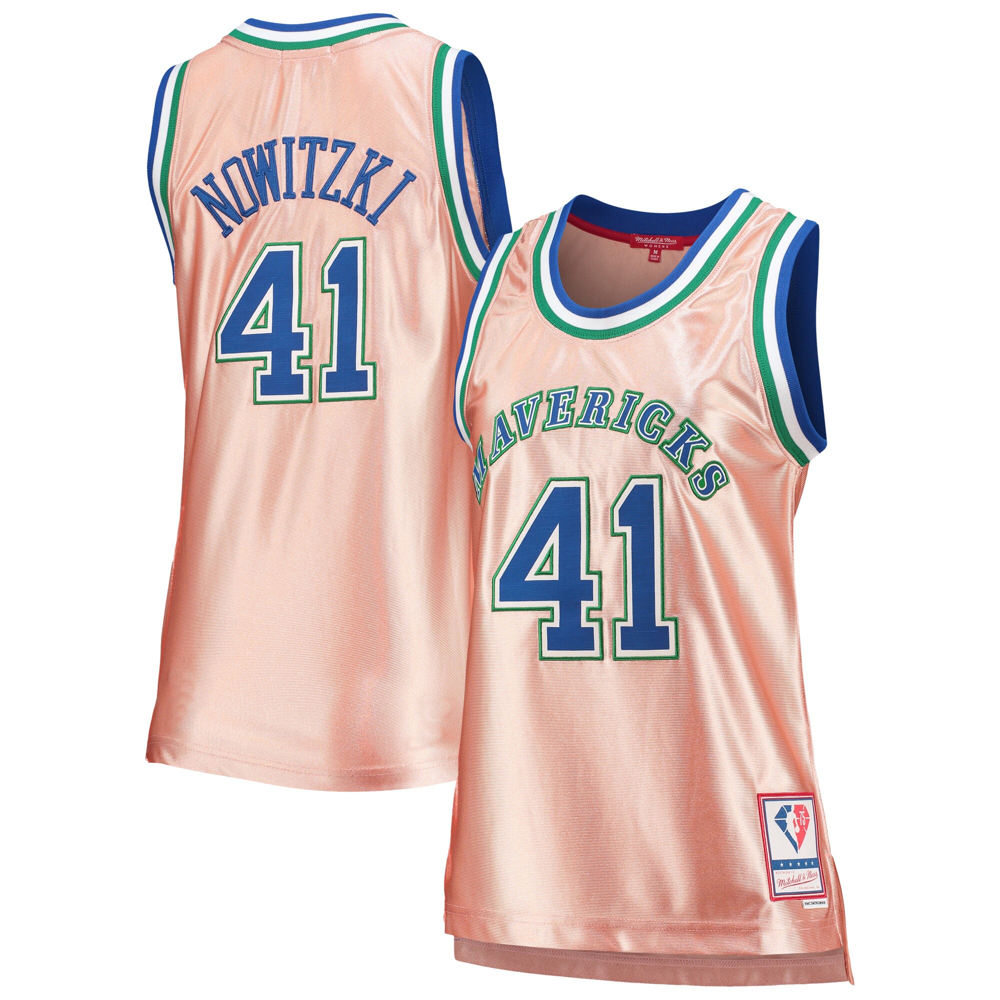 Alternative view of Dirk Nowitzki Dallas Mavericks Mitchell & Ness Women’s 75th Anniversary Rose Gold 1998 Swingman Basketball Jersey – Pink