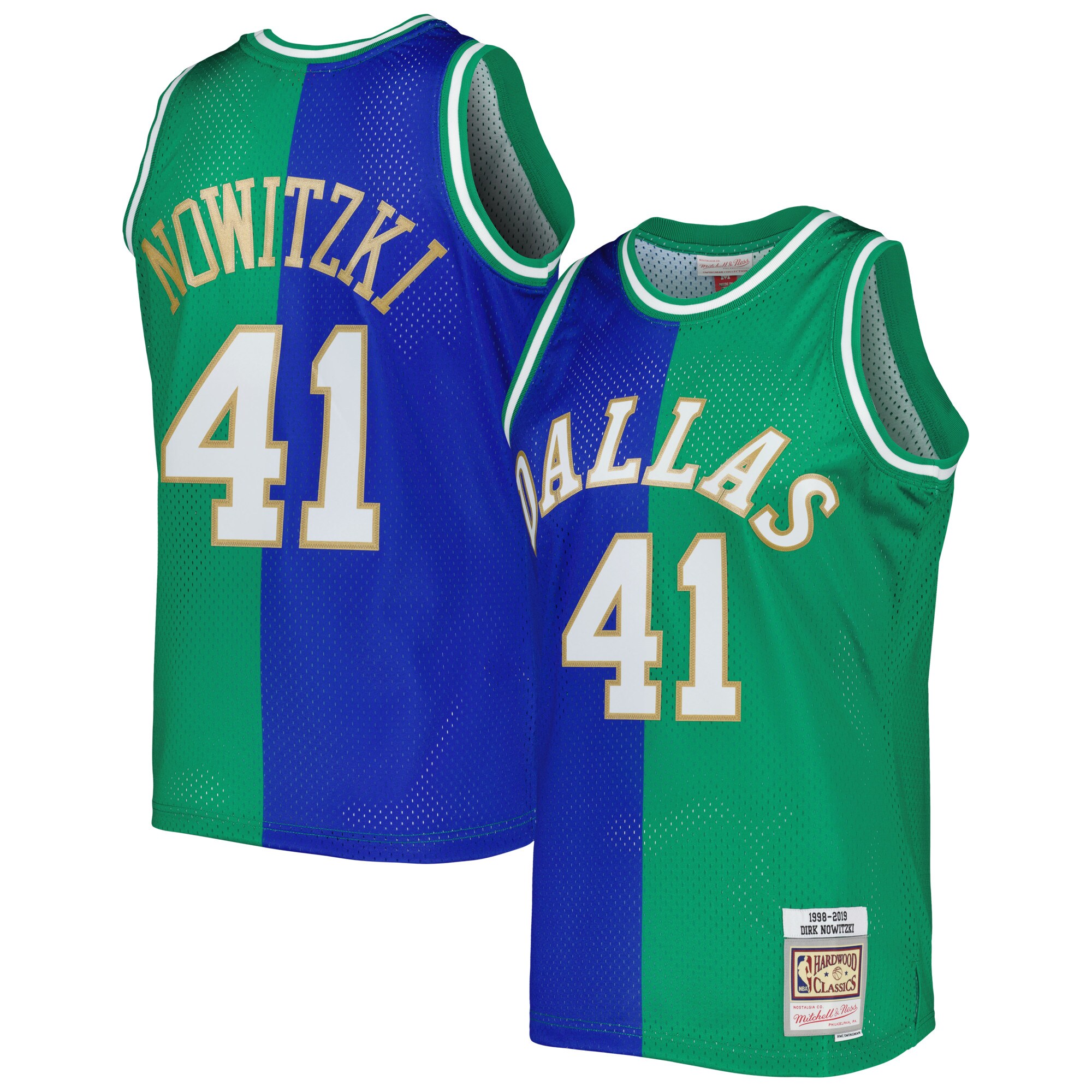 Dirk Nowitzki Dirk Nowitzki Mitchell & Ness Hardwood Classics 1998/2019 Split Swingman Basketball Jersey - Blue/green