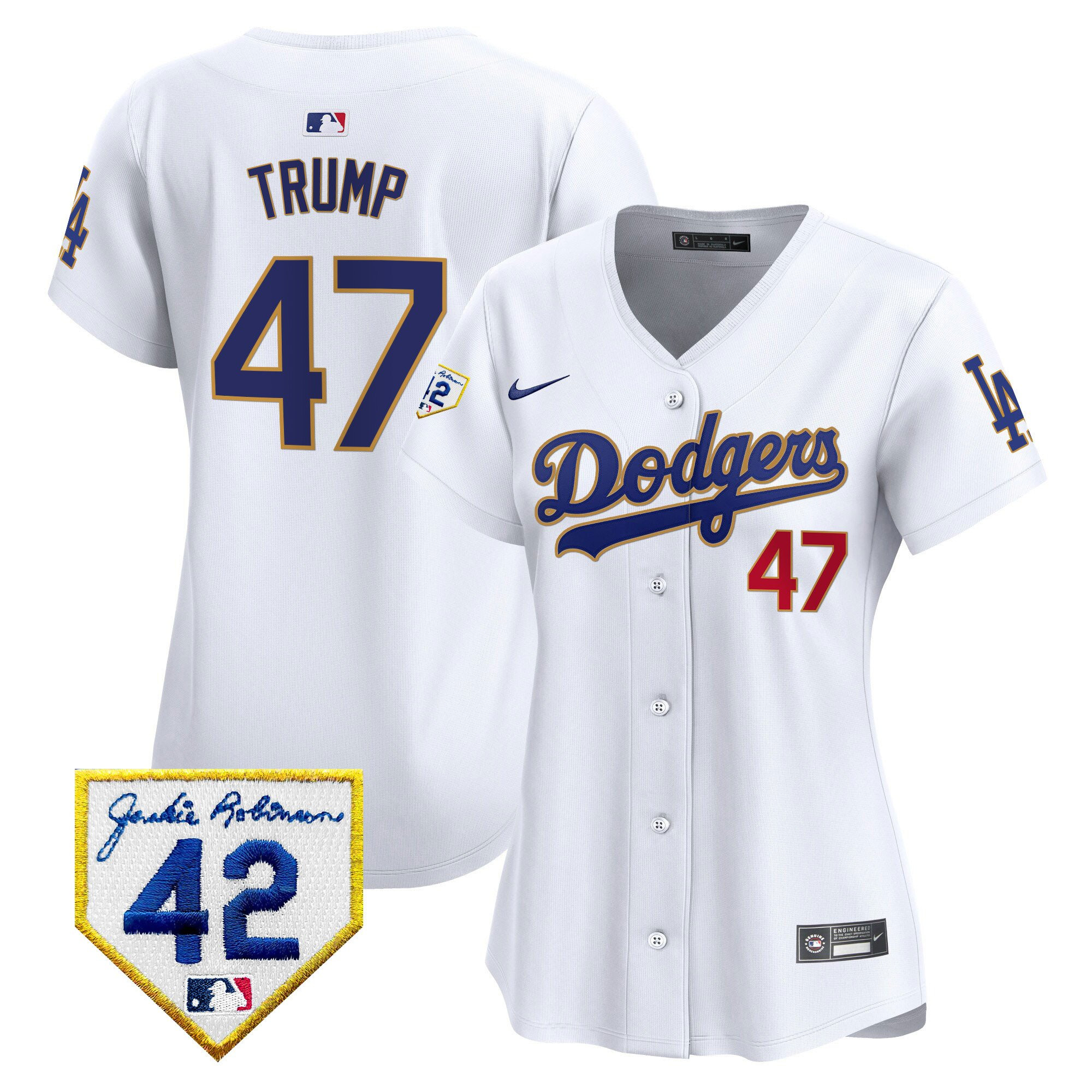 Donald Trump 47 Los Angeles Dodgers 2024 Jackie Robinson Patch Women Baseball Jersey - White 