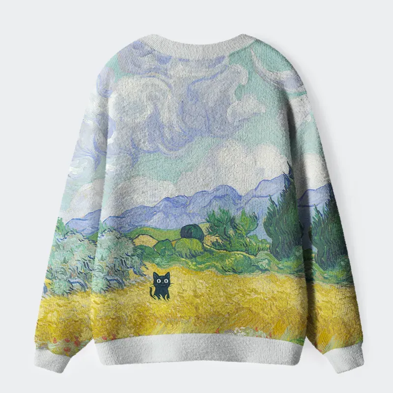Black Cat In The Wheat Field Ugly Cardigan Sweater - Image 2