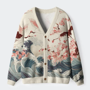 Cranes Dancing On The Waves Ugly Cardigan Sweater