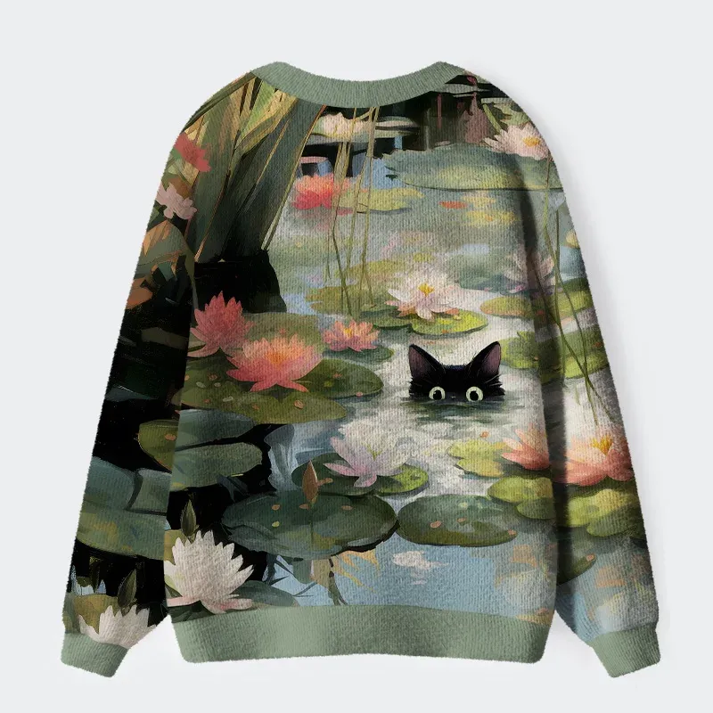 Cats In The Lotus Pond Ugly Cardigan Sweater - Image 2