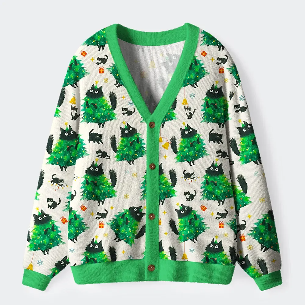 Christmas Tree Cat Japan Ugly Cardigan Sweater