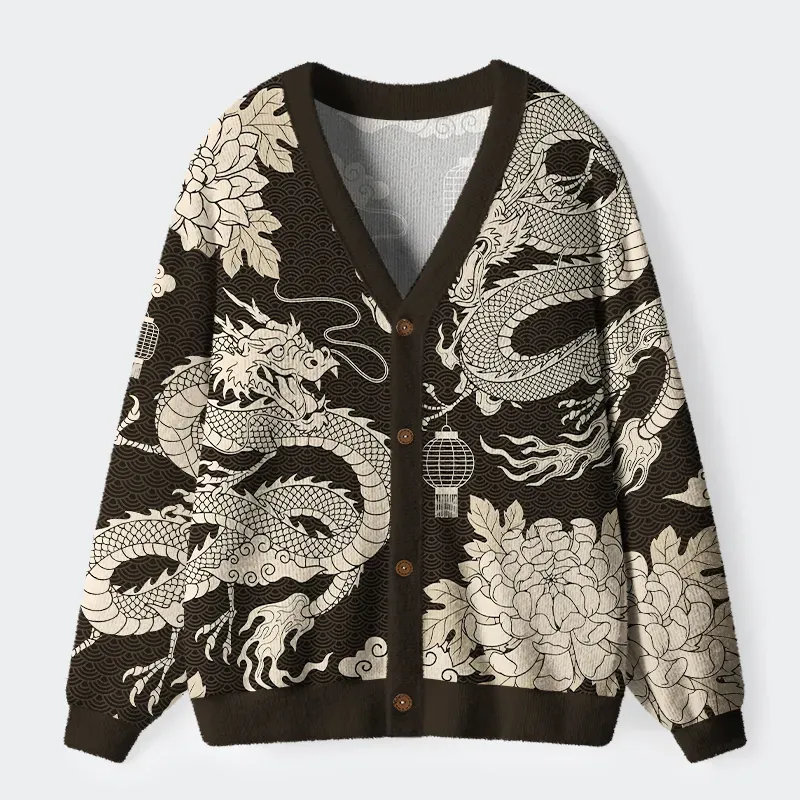 Two Dragons Playing With A Pearl Ugly Cardigan Sweater