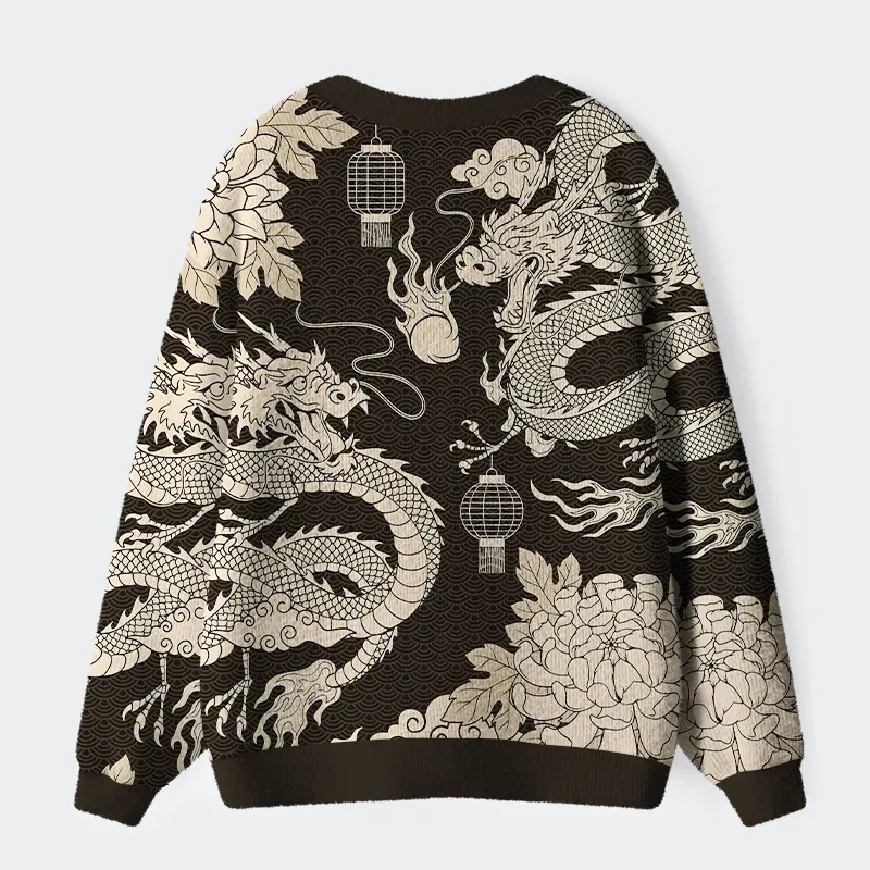 Two Dragons Playing With A Pearl Ugly Cardigan Sweater - Image 2