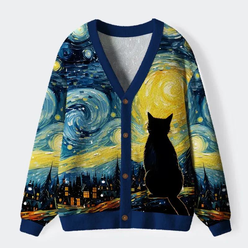 Black Cat Under The Stars Ugly Cardigan Sweater