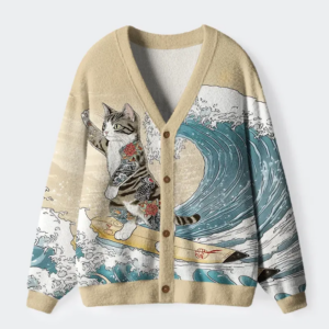 Cat Surfing Ugly Cardigan Sweater