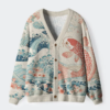 Koi With Sakura Waves Ugly Cardigan Sweater