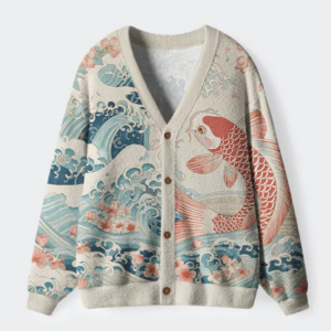 Koi With Sakura Waves Ugly Cardigan Sweater