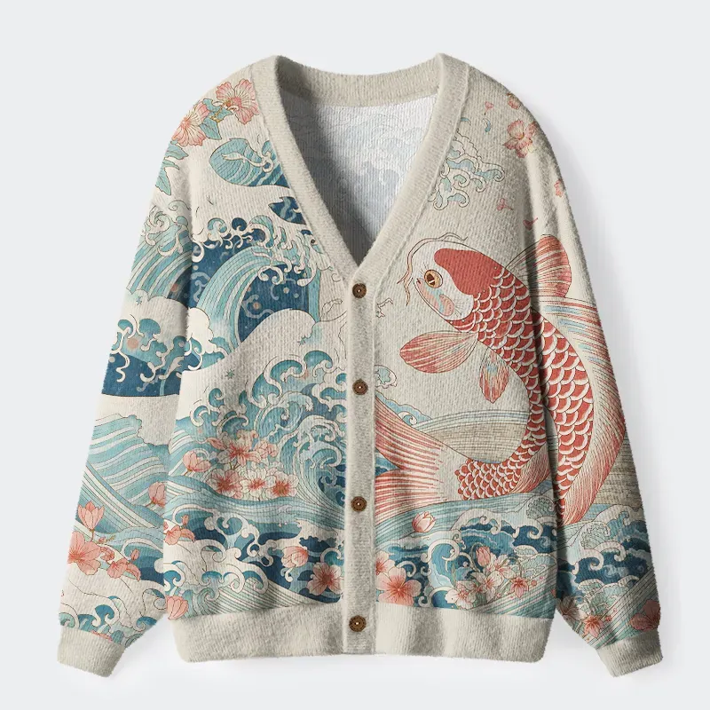 Koi With Sakura Waves Ugly Cardigan Sweater