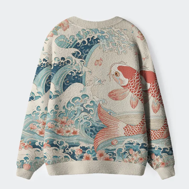 Koi With Sakura Waves Ugly Cardigan Sweater - Image 2