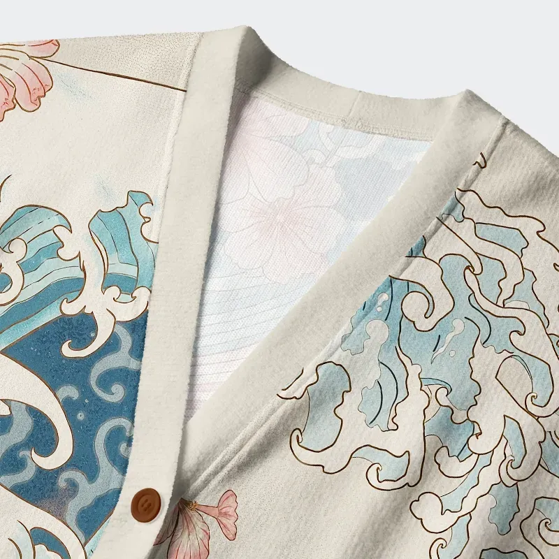 Koi With Sakura Waves Ugly Cardigan Sweater - Image 3