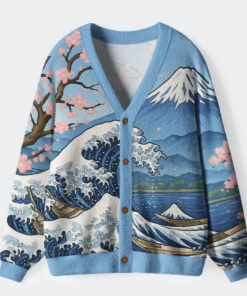 Waves Under Mount Fuji Ugly Cardigan Sweater