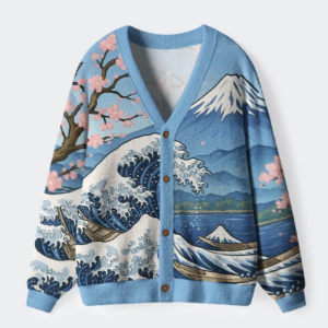 Waves Under Mount Fuji Ugly Cardigan Sweater