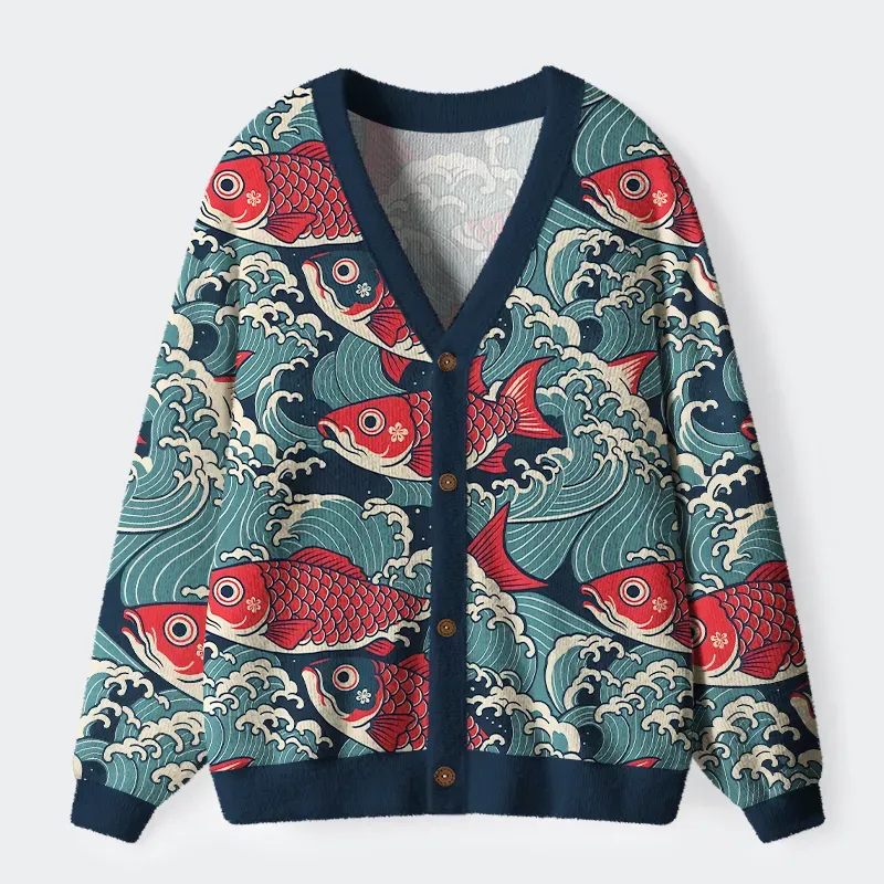 Koi Wave Ugly Cardigan Sweater