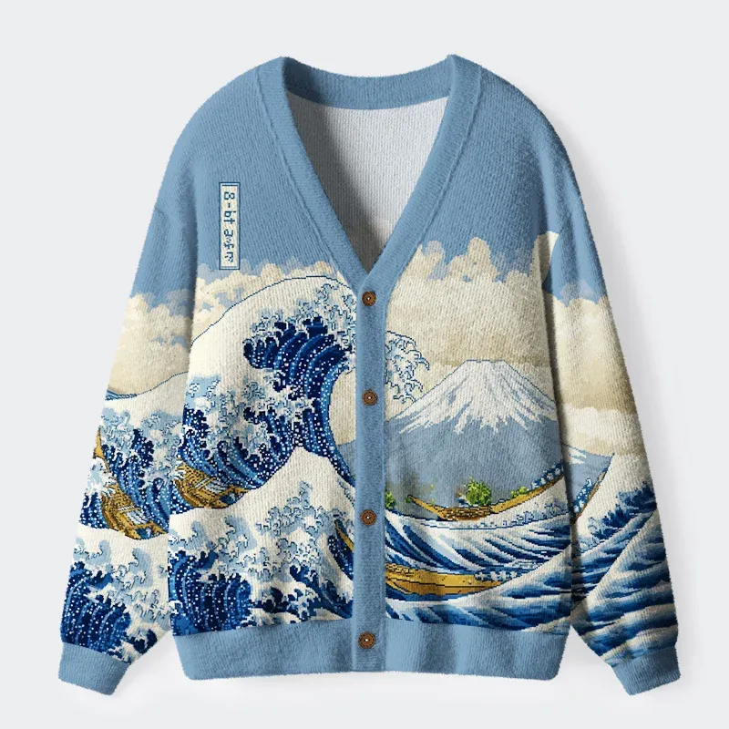 Cartoon Ukiyo-e Waves Ugly Cardigan Sweater
