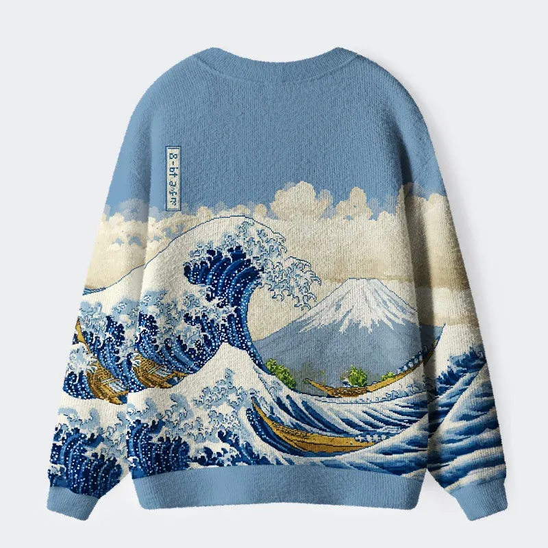 Cartoon Ukiyo-e Waves Ugly Cardigan Sweater - Image 2