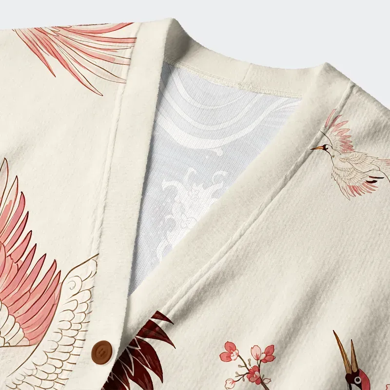 Cranes Dancing On The Waves Ugly Cardigan Sweater - Image 3