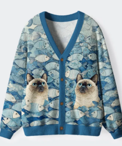 Siamese Cat Among The Fish Ugly Cardigan Sweater