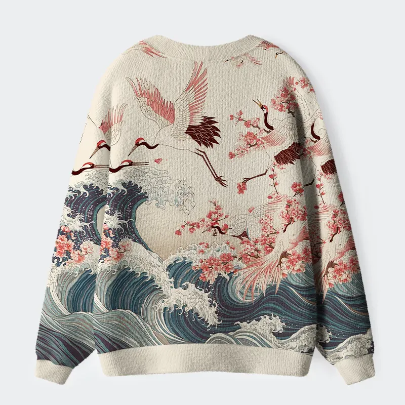 Cranes Dancing On The Waves Ugly Cardigan Sweater - Image 2