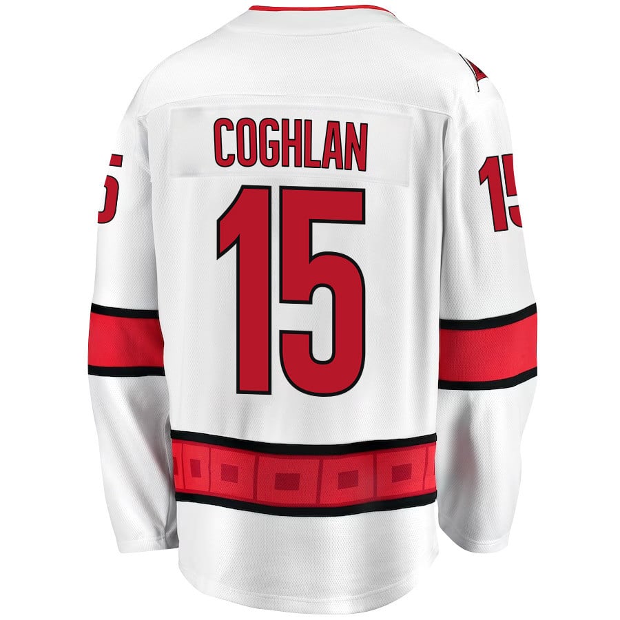 Alternative view of Dylan Coghlan 15 Carolina Hurricanes Stanley Cup 2023 Playoffs Patch Away Breakaway Men Hockey Jersey - White - JS493 