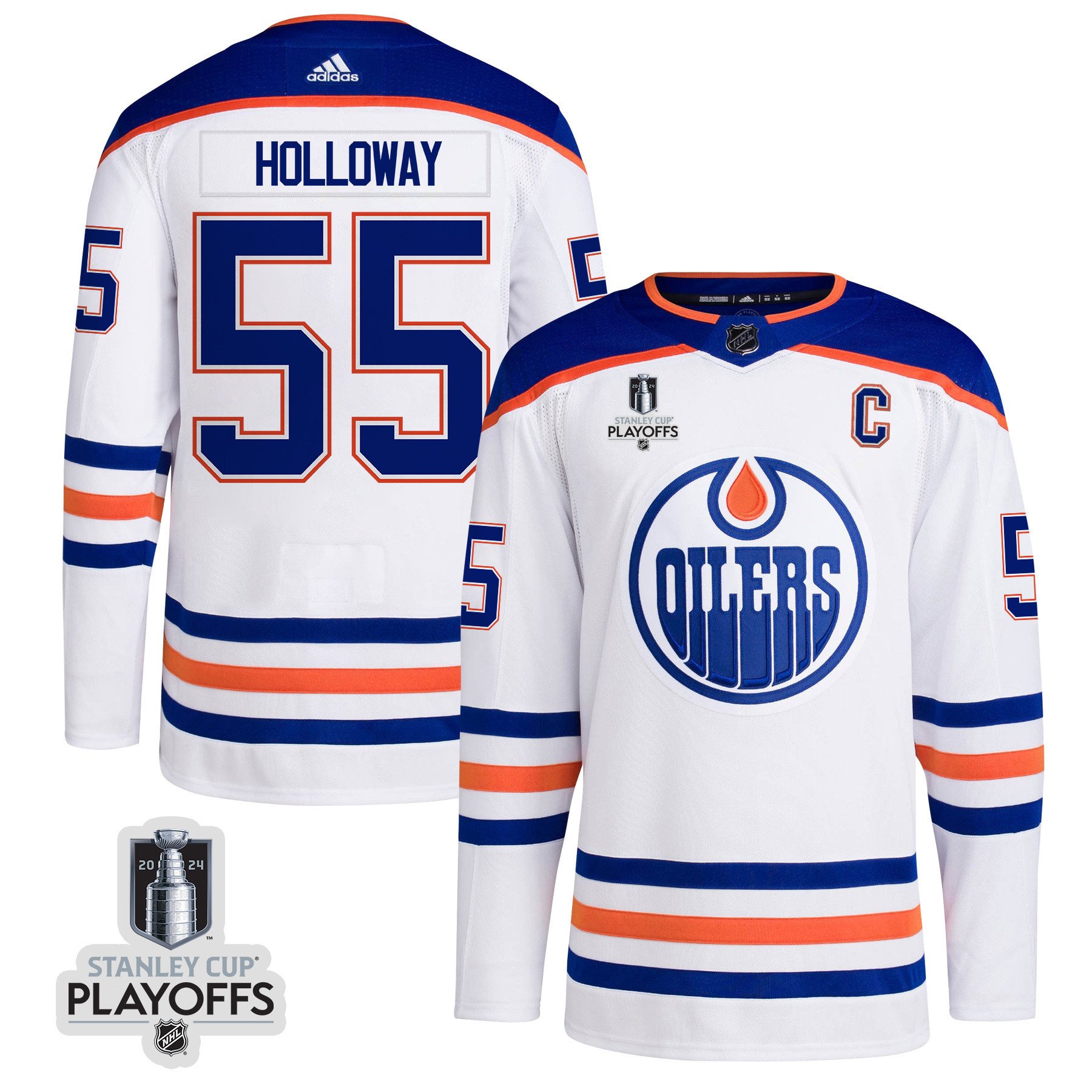 Dylan Holloway 55 Edmonton Oilers 2024 NHL Playoffs Patch Away Hockey Jersey - Men, White - JS156 