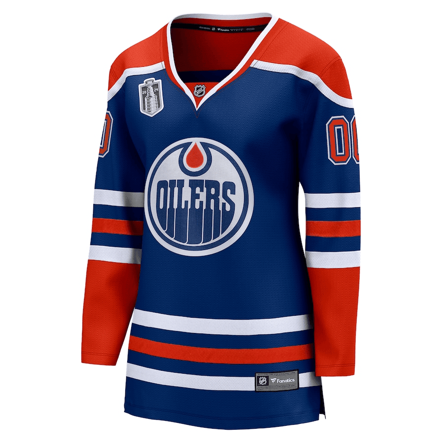 Alternative view of Edmonton Oilers 2024 Stanley Cup Final Home Breakaway Custom Name Hockey Jersey - Royal, Women - JS538 