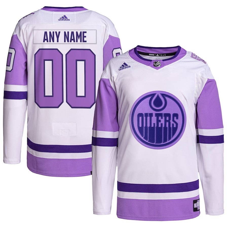 Edmonton Oilers Hockey Fights Cancer Primegreen Custom Men Hockey Jersey - White/Purple - JS426 