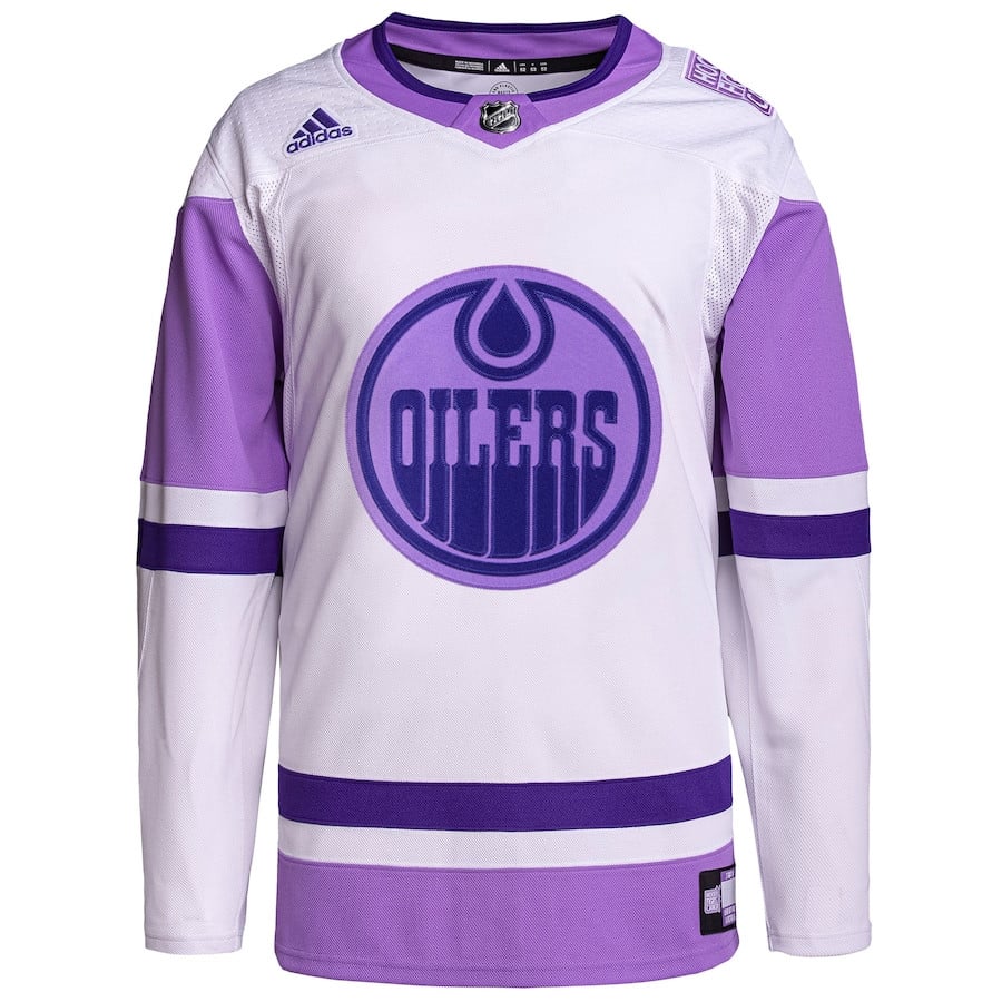 Alternative view of Edmonton Oilers Hockey Fights Cancer Primegreen Men Hockey Jersey - White/Purple - JS360 