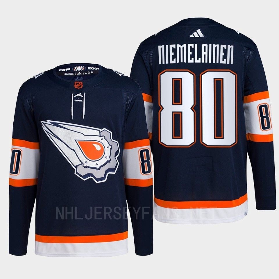Edmonton Oilers Markus Niemelainen 80 Navy Primegreen Reverse Retro 2.0 Hockey Jersey 2022 - JS678 