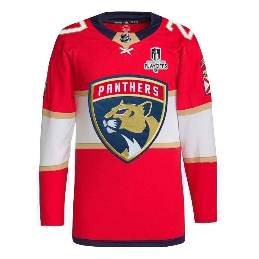 Alternative view of Eetu Luostarinen 27 Florida Panthers 2024 NHL Playoffs Patch Home Hockey Jersey - Men, Red - JS633 