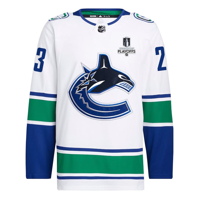 Alternative view of Elias Lindholm 23 Vancouver Canucks 2024 NHL Playoffs Patch Away Hockey Jersey - Men, White - JS351 