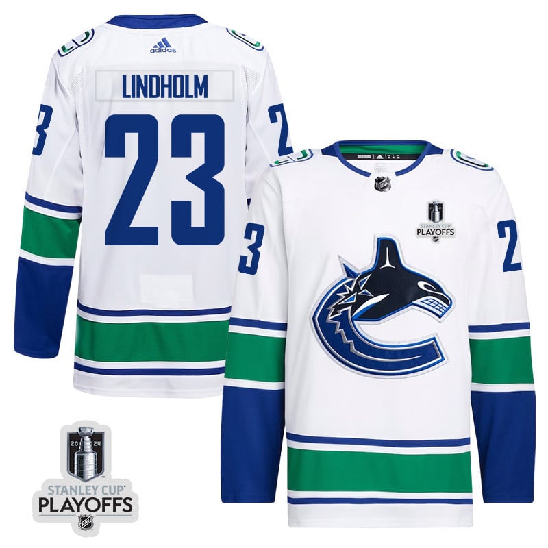 Elias Lindholm 23 Vancouver Canucks 2024 NHL Playoffs Patch Away Hockey Jersey - Men, White - JS351 