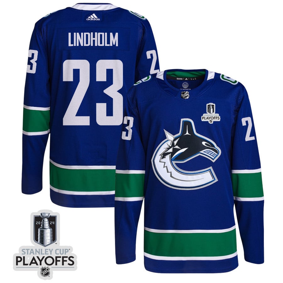 Elias Lindholm 23 Vancouver Canucks 2024 NHL Playoffs Patch Home Hockey Jersey - Men, Blue - JS605 