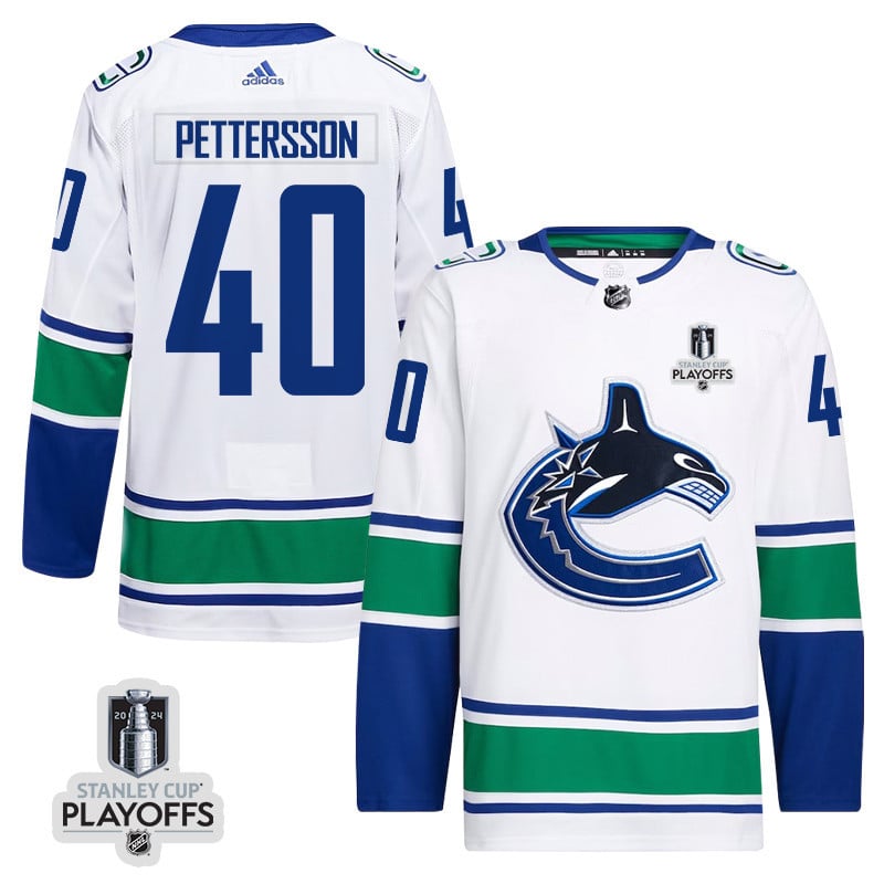 Elias Pettersson 40 Vancouver Canucks 2024 NHL Playoffs Patch Away Hockey Jersey - Men, White - JS188 