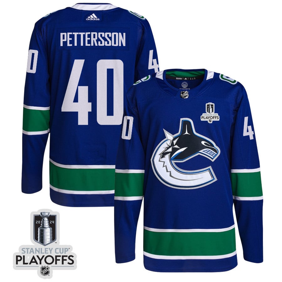 Elias Pettersson 40 Vancouver Canucks 2024 NHL Playoffs Patch Home Hockey Jersey - Men, Blue - JS707 