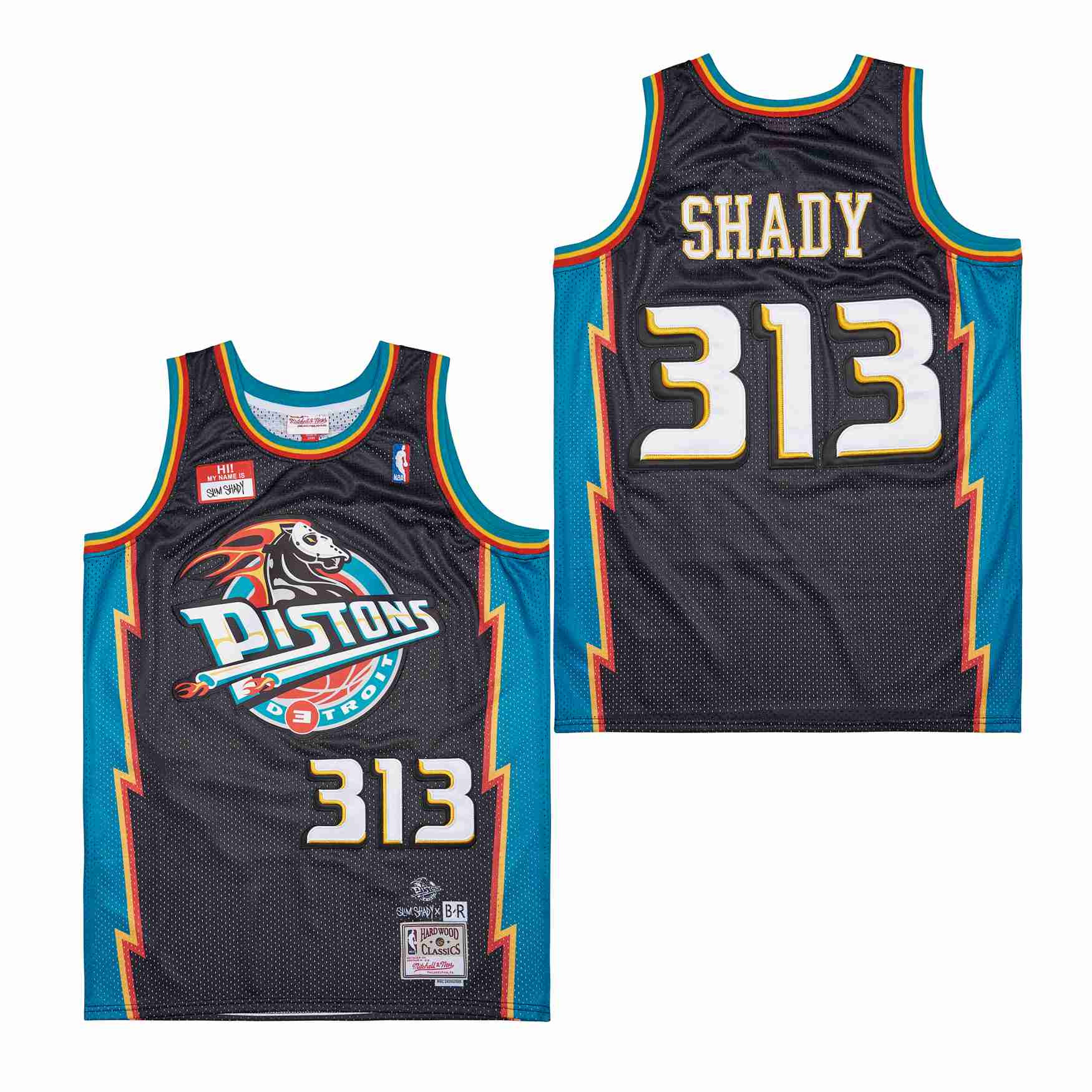 Alternative view of Eminem Slim Shady 313 Detroit Pistons Swingman Basketball Jersey - Black/Blue - JS288 