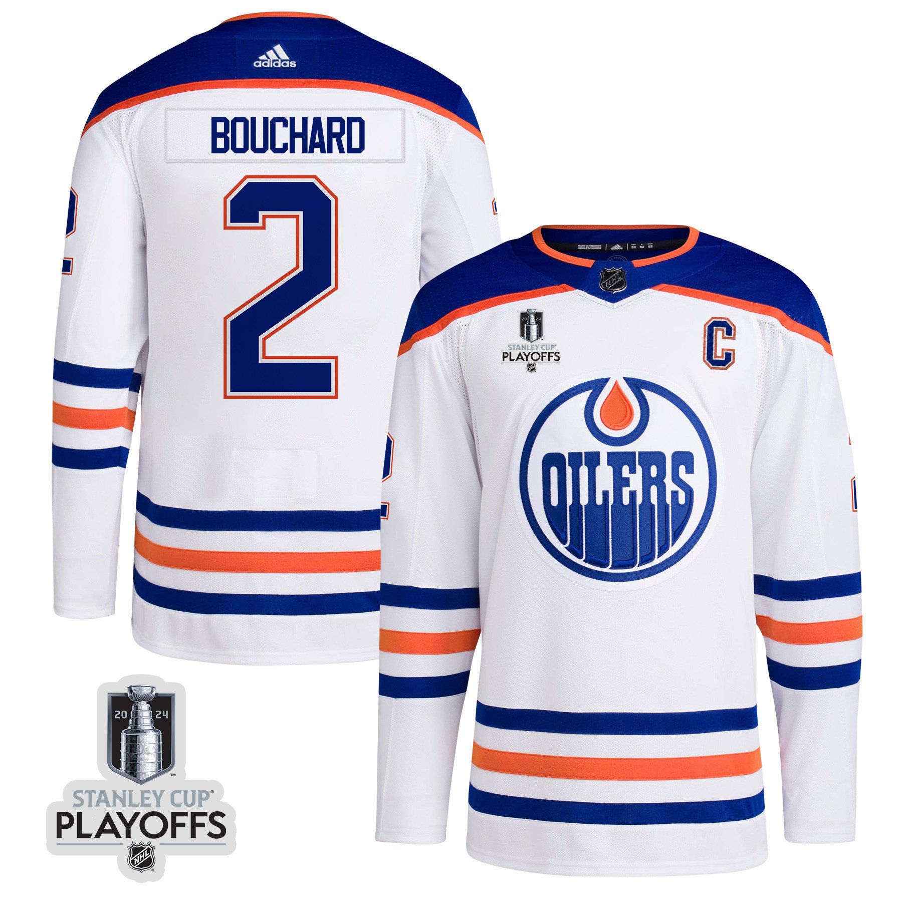 Evan Bouchard 2 Edmonton Oilers 2024 NHL Playoffs Patch Away Hockey Jersey - Men, White - JS835 