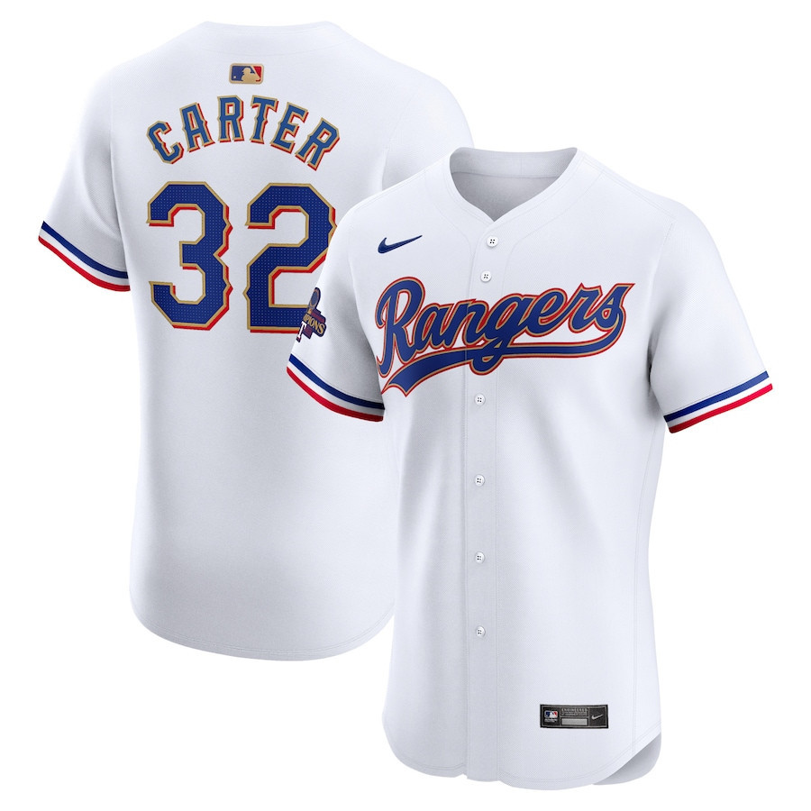 Evan Carter 32 Texas Rangers 2024 Gold Collection ELITE Player Baseball Jersey - White - JS941 