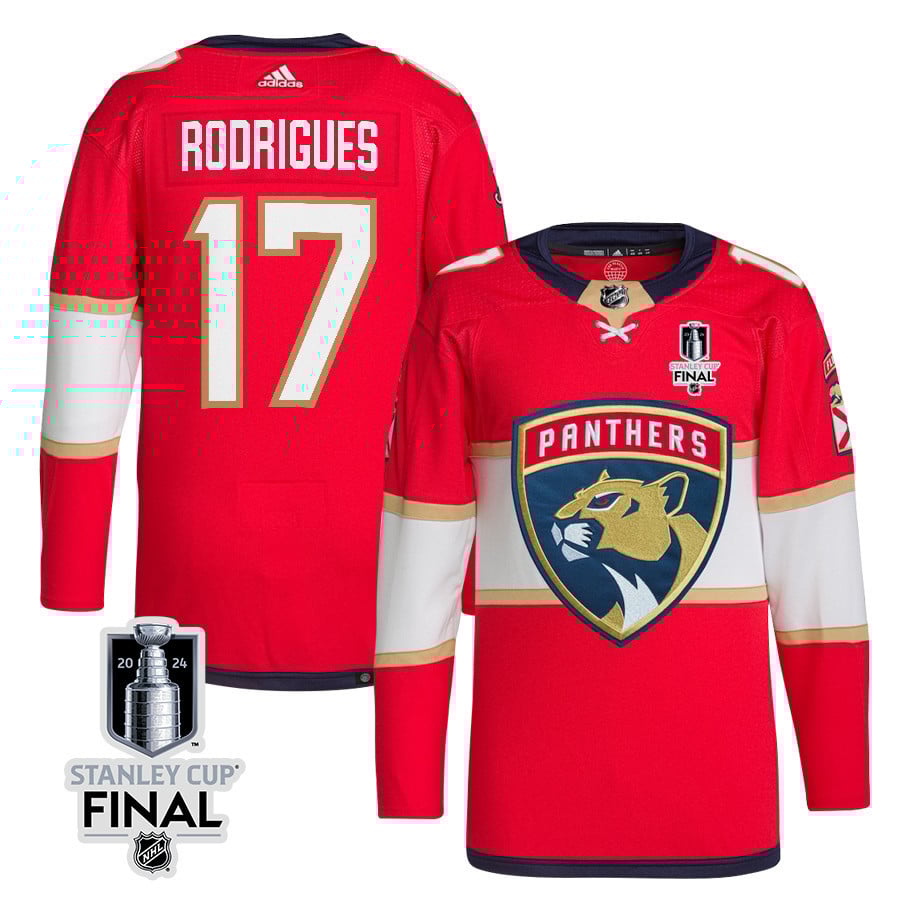 Evan Rodrigues 17 Florida Panthers 2024 STANLEY CUP Final Home Breakaway Hockey Jersey - Men, Red - JS543 