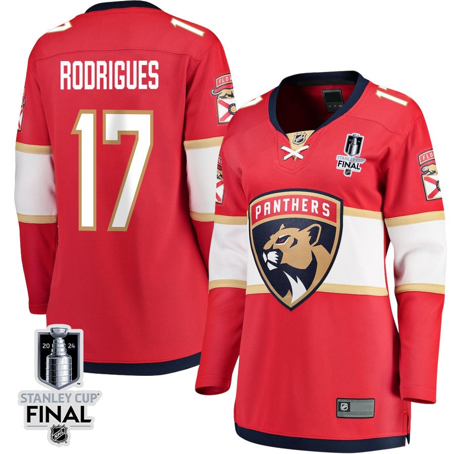 Evan Rodrigues 17 Florida Panthers 2024 STANLEY CUP Final Women's Home Breakaway Hockey Jersey - Red - JS678 