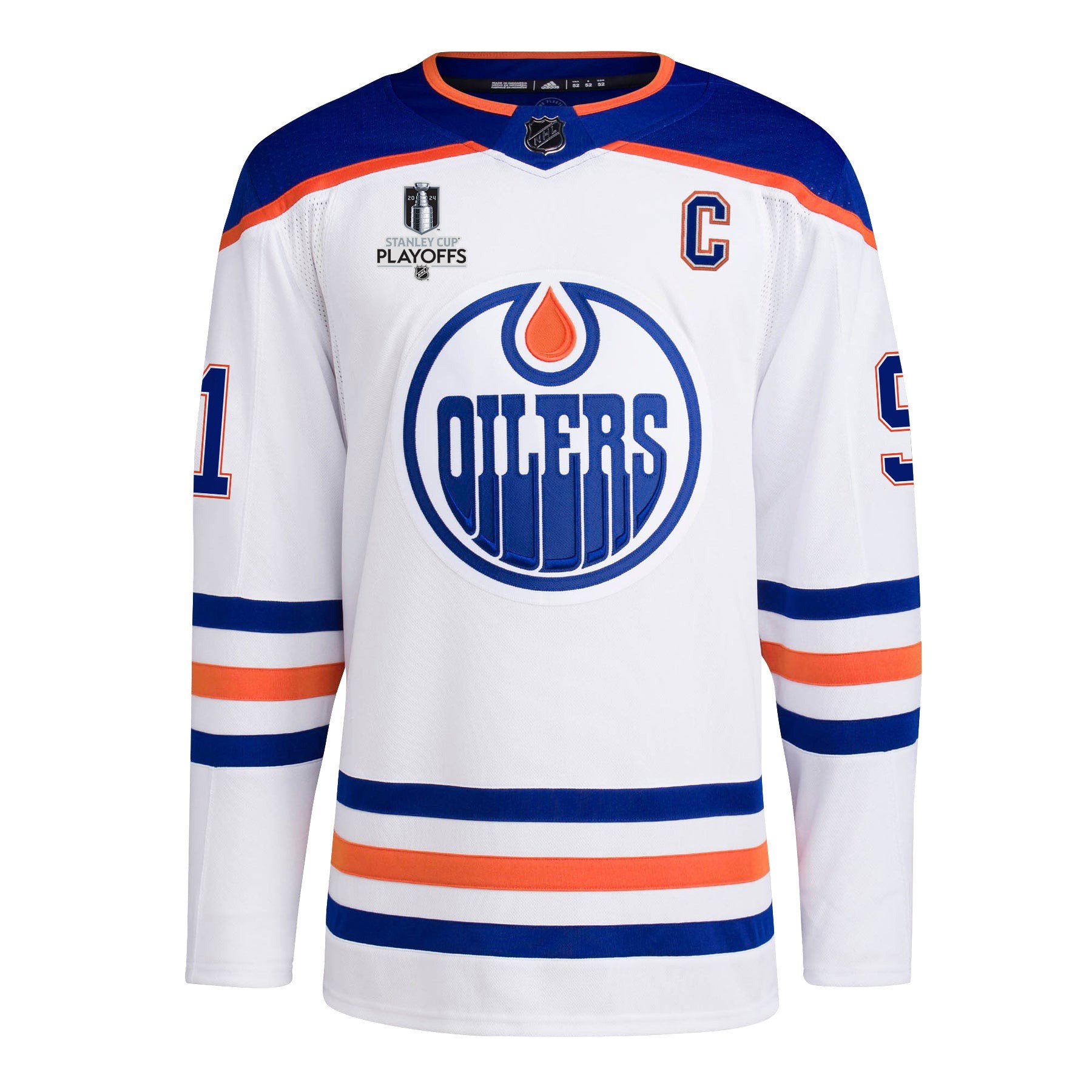 Alternative view of Evander Kane 91 Edmonton Oilers 2024 NHL Playoffs Patch Away Hockey Jersey - Men, White - JS722 