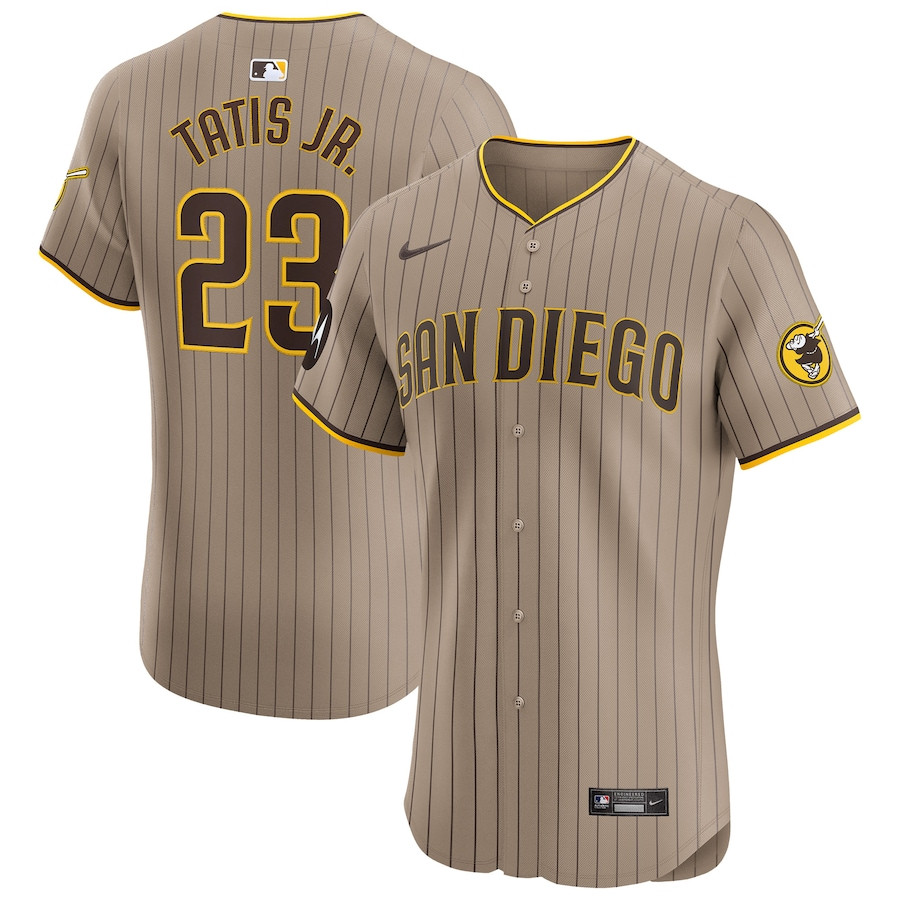 Fernando Tatis Jr. 23 San Diego Padres Alternate Elite Sponsor Patch Player Men Baseball Jersey - Tan 