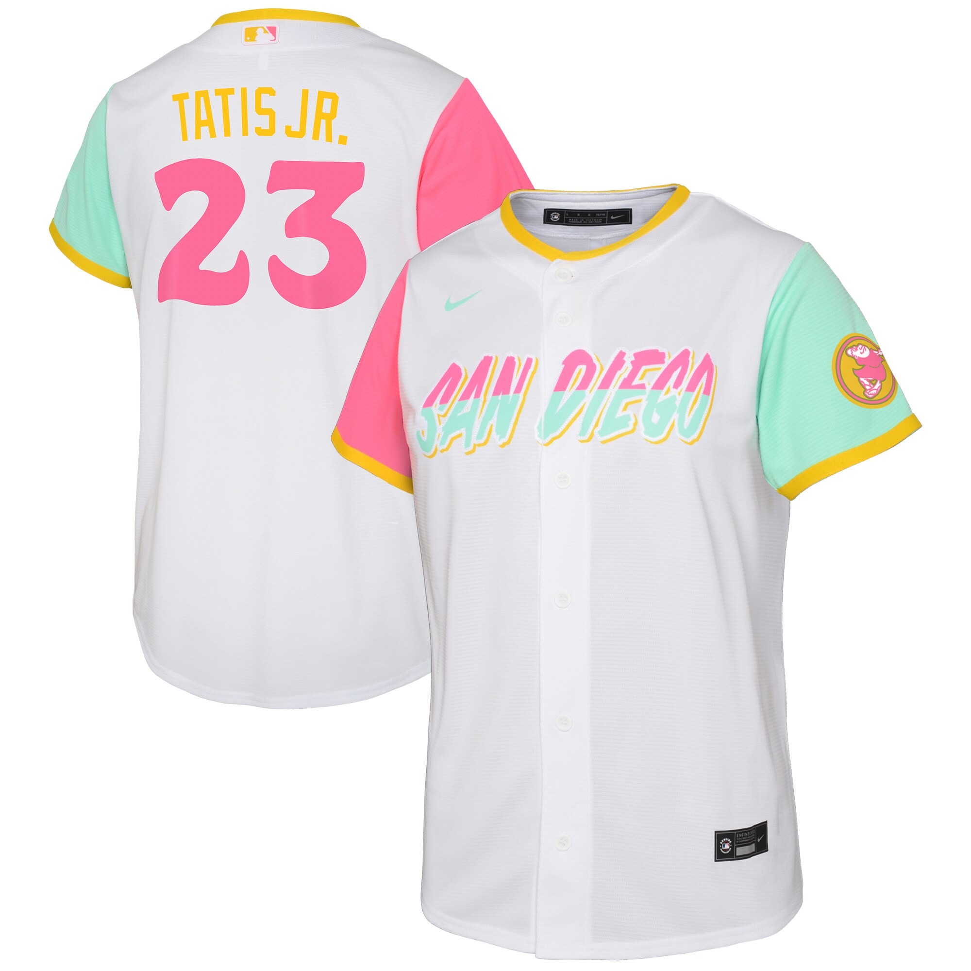 Alternative view of Fernando Tatis Jr. San Diego Padres Youth 2022 City Connect Replica Player Baseball Jersey - White