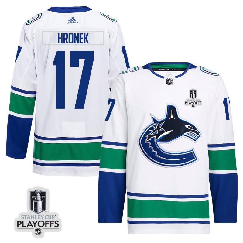 Filip Hronek 17 Vancouver Canucks 2024 NHL Playoffs Patch Away Hockey Jersey - Men, White - JS236 