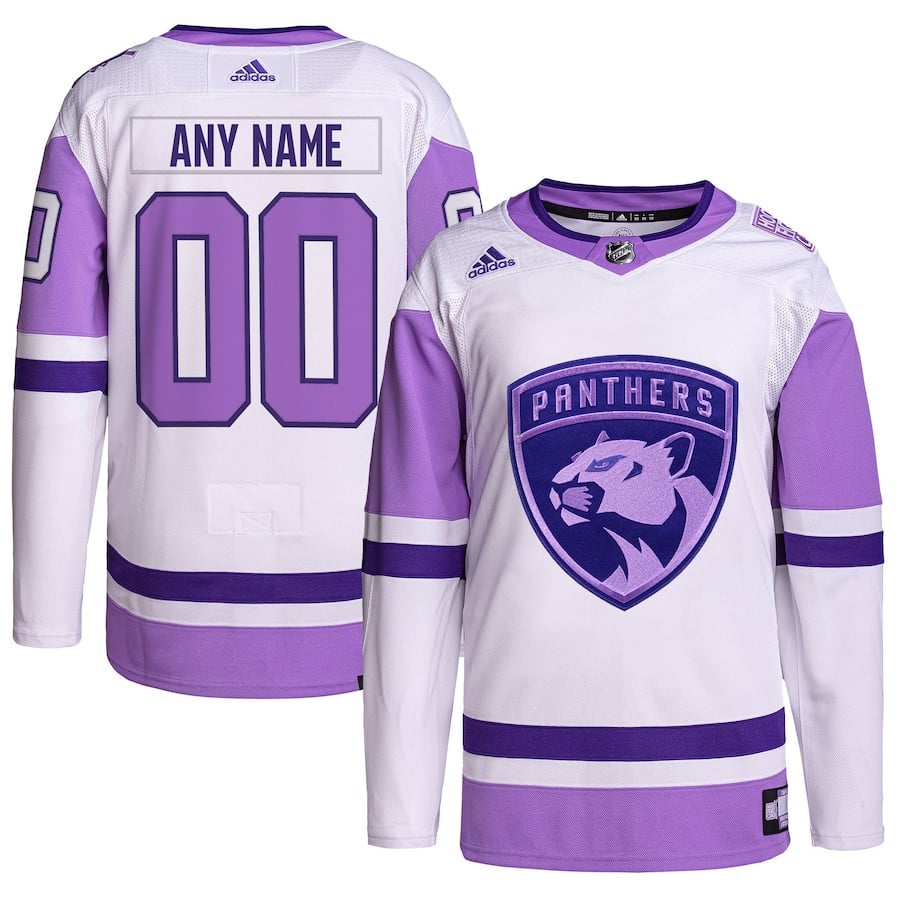 Florida Panthers Hockey Fights Cancer Primegreen Custom Men Hockey Jersey - White/Purple - JS123 