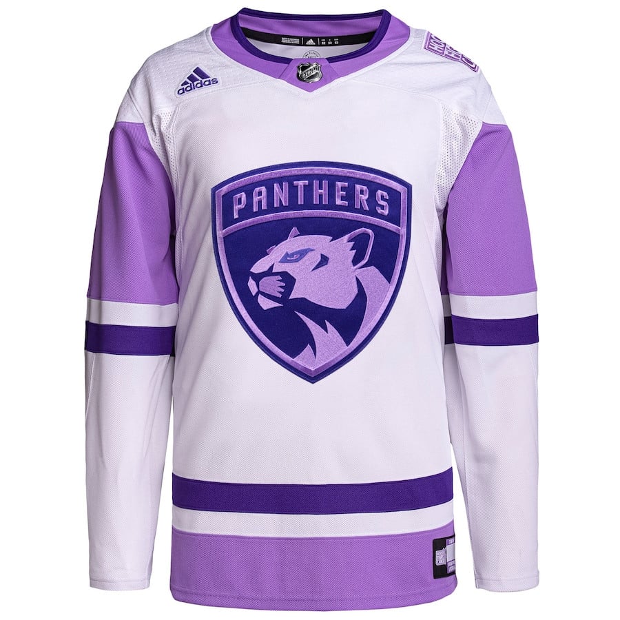 Alternative view of Florida Panthers Hockey Fights Cancer Primegreen Custom Men Hockey Jersey - White/Purple - JS123 