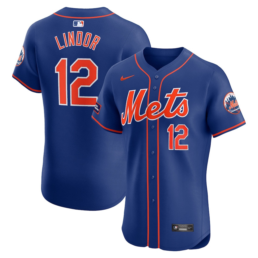 Francisco Lindor 12 New York Mets Alternate Elite Sponsor Patch Player Men Baseball Jersey - Royal 