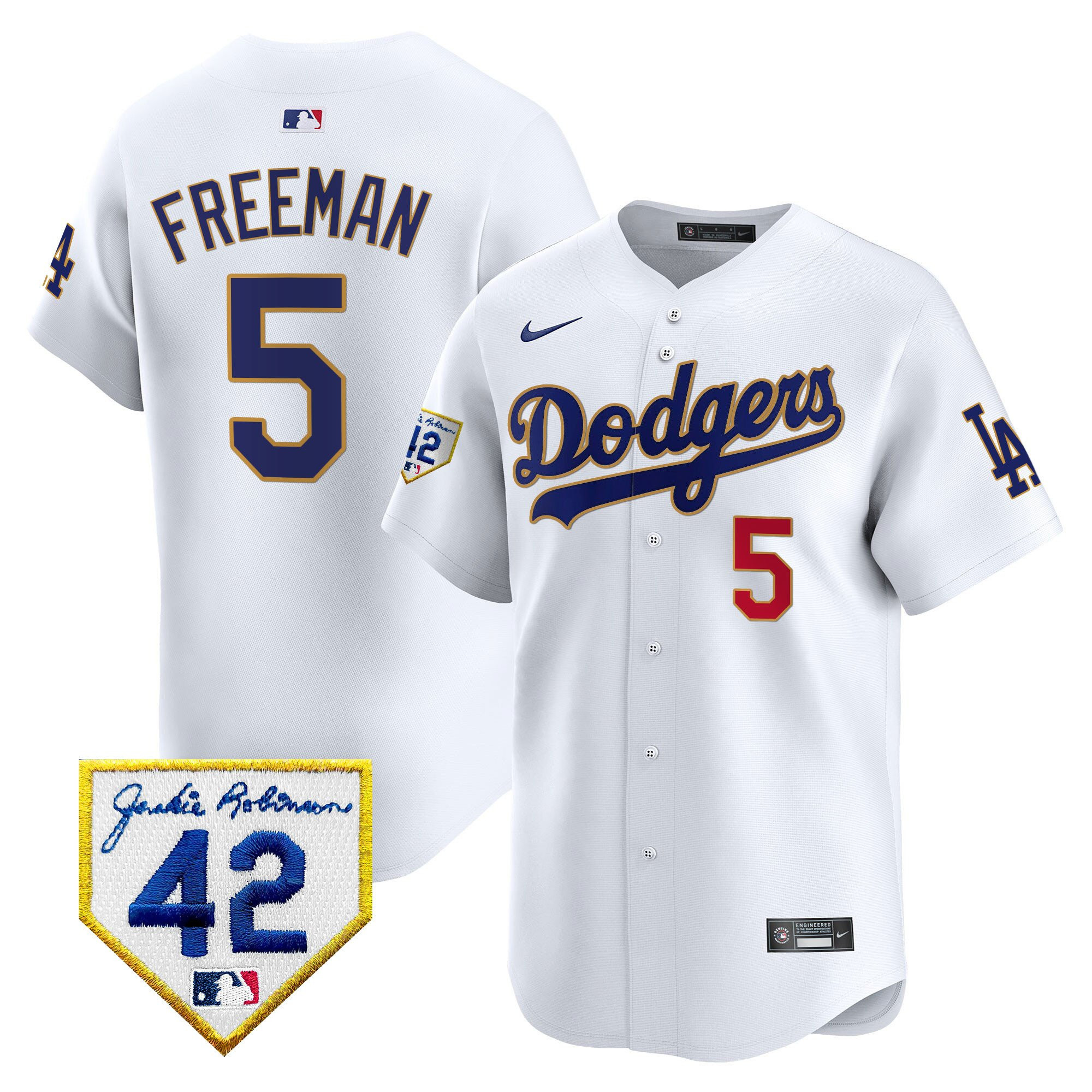 Freddie Freeman 5 Los Angeles Dodgers 2024 Jackie Robinson Patch Men Baseball Jersey - White 