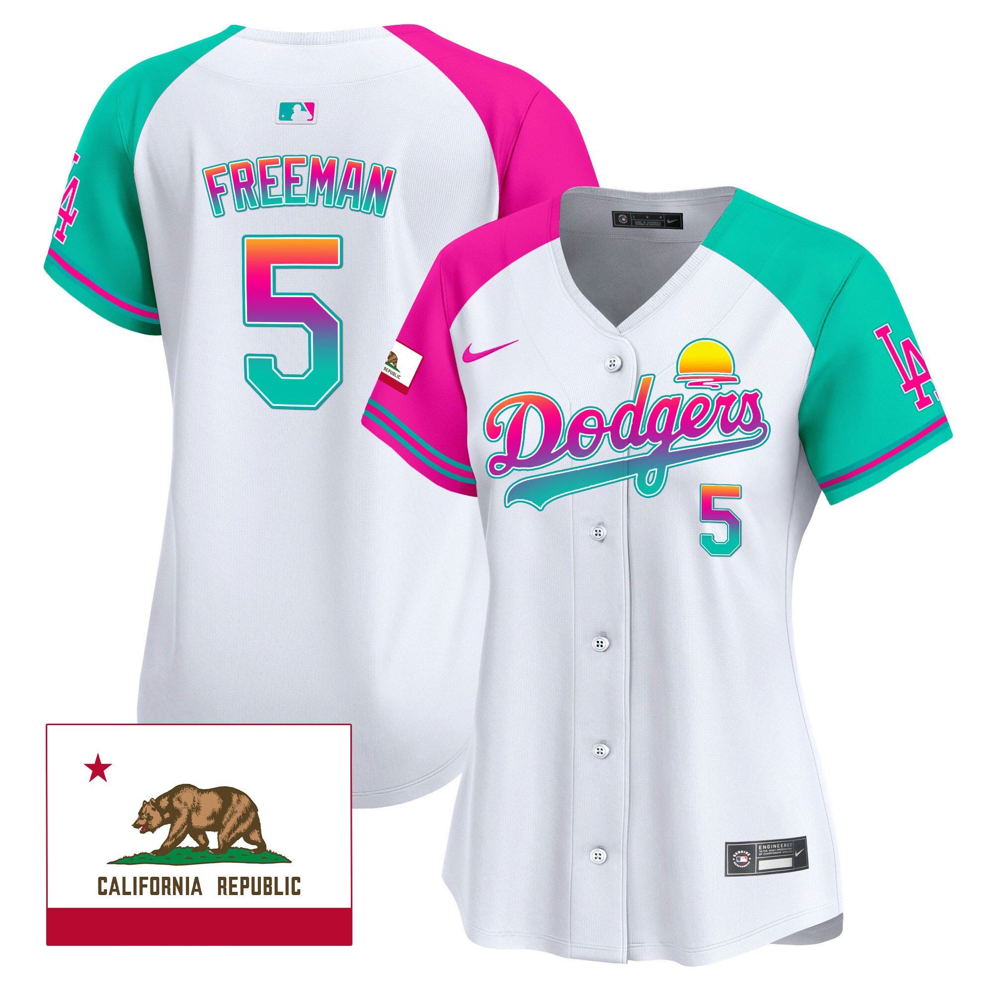 Freddie Freeman 5 Los Angeles Dodgers 2024 Los Angeles City Style California Republic Patch Women Baseball Jersey - Alternate 